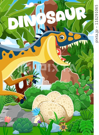 Dinosaur mother with dino eggs in jungle forest, cartoon prehistoric lizard, vector poster for kids. Neovenator dinosaur mother with baby eggs in Jurassic park forest with palms and mountain waterfall 118291065