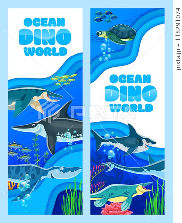 Paper cut banners with prehistoric underwater dinosaurs in the ocean. Vector vertical undersea papercut cards with cartoon reptile dino animals and aquatic creatures among coral reefs and seaweed 118291074