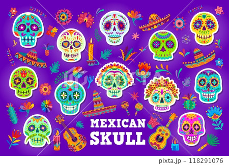Cartoon Mexican calavera skull stickers for holiday fiesta in Mexico, vector icons. Day of the Dead or Dia De Los Muertos stickers of funny calavera sugar skulls in sombrero with marigold flowers Cartoon Mexican calavera skull stickers for holiday fiesta in Mexico, vector icons. Day of the Dead or Dia De Los Muertos stickers of funny calavera sugar skulls in sombrero with marigold flowers 118291076