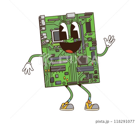 Cartoon groovy computer mother board retro character with funny face, vector funky comic. Groovy freaky laptop or PC motherboard chipset with happy smile on positive vibes for digital emoji 118291077
