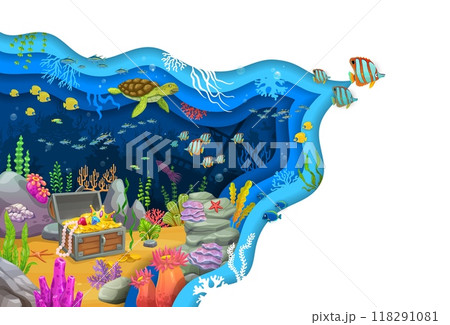 Paper cut sea underwater landscape with pirates treasure chest, vector cartoon poster. Ocean undersea and coral reef papercut landscape with sunken ship boat and treasure chest of Caribbean pirates Paper cut sea underwater landscape with pirates treasure chest, vector cartoon poster. Ocean undersea and coral reef papercut landscape with sunken ship boat and treasure chest of Caribbean pirates 118291081