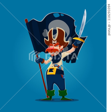 Cartoon pirate captain character with black flag with a skull emblem and saber in other hand, exuding authority and leadership. Vector naval swashbuckler personage with red mustaches and cocked hat 118291094