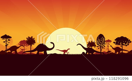 Prehistoric dinosaur silhouettes on sunset sky vector background. Jurassic forest nature landscape with tree, sun and dino animal silhouettes. Eoraptor, apatosaurus and cetiosaurus dinosaurs 118291096
