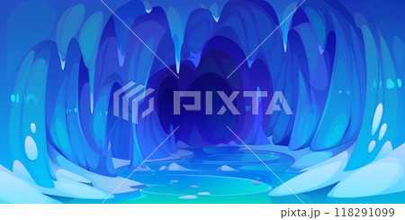 Ice cave landscape. Cartoon vector blue, mystical, frozen cavern with brilliant icicles and calm pools of water, smooth, curving walls, reflective floor and sharp stalactites hanging from the ceiling 118291099