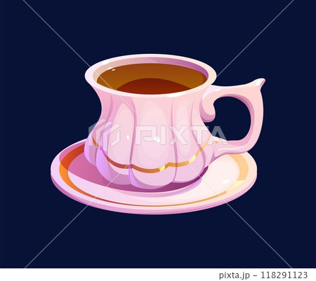 Flower herbal, fruit and berry tea cup. Isolated cartoon vector white, delicate fluted porcelain teacup filled with tea standing on matching saucer. Both charming pieces feature golden elegant accents 118291123