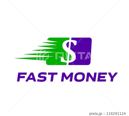 Fast money digital transfer icon. Quick cash exchange, pay and credit. Vector emblem with dollar symbol and speed lines. Financial transaction sign for fintech company, financial app or digital wallet 118291124