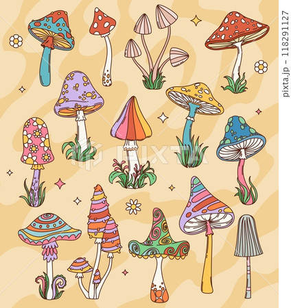 Cartoon retro groovy hippie mushrooms with vector psychedelic trippy pattern of summer colorful flowers, rainbow spots and waves. Crazy hippy amanita and toadstool forest mushroom with grass blades Cartoon retro groovy hippie mushrooms with vector psychedelic trippy pattern of summer colorful flowers, rainbow spots and waves. Crazy hippy amanita and toadstool forest mushroom with grass blades 118291127