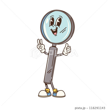Cartoon groovy school magnifying glass character. Isolated vector whimsical, educational, fun learning retro magnifier loupe personage with cheerful face expression, wear vintage hippie sneakers Cartoon groovy school magnifying glass character. Isolated vector whimsical, educational, fun learning retro magnifier loupe personage with cheerful face expression, wear vintage hippie sneakers 118291143