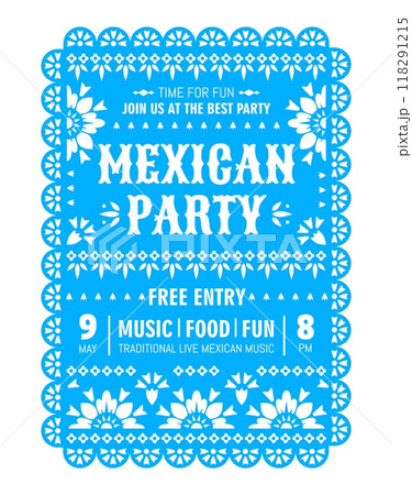 Mexican party paper cut or papel picado flyer for holiday fiesta, vector blue background. Mexican entertainment party or Latin fiesta celebration invitation flyer in paper cut flag for music festival 118291215