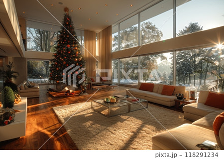 Large living room with a Christmas tree and white furniture. Cozy, warm atmosphere 118291234