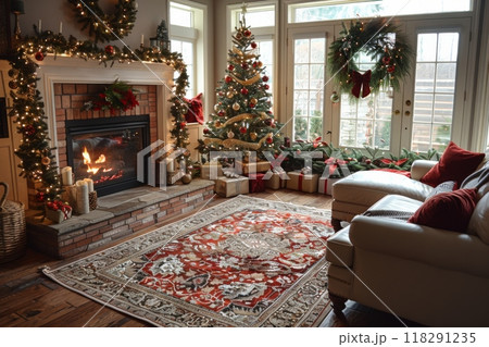 Cozy classic white living room with lit fireplace, Christmas tree and wreath on the door 118291235