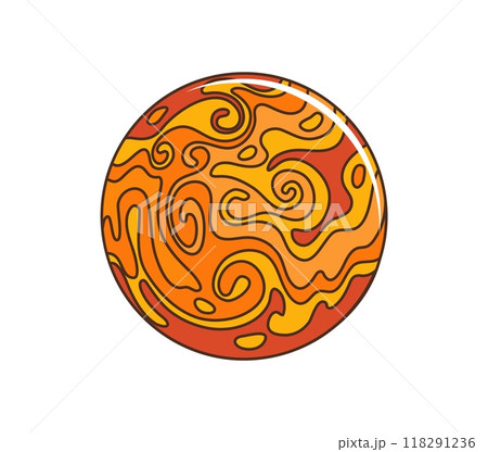 Cartoon groovy space planet with lava surface in galaxy, 70s retro art vector sticker. Groovy alien earth or extraterrestrial galaxy planet in psychedelic fire flow for funky disco and rave music 118291236
