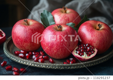 Apples and pomegranate seeds on a tray on a dark background. Holiday card for the Jewish New Year holiday Rosh Hashanah 118291237