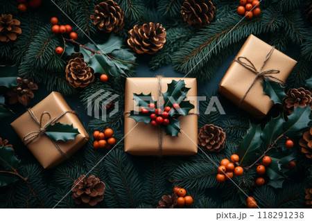 Christmas gold gift boxes with red berries on top are surrounded by pine cones and berries 118291238