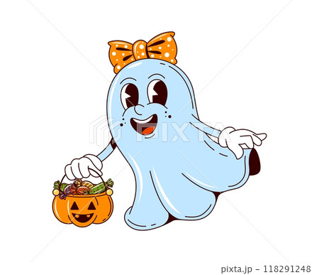 Cartoon retro groovy Halloween ghost character with candies in pumpkin bucket, vector funny boo. Halloween holiday trick or treat party funky girl ghost with monster pumpkin basket of spooky sweets Cartoon retro groovy Halloween ghost character with candies in pumpkin bucket, vector funny boo. Halloween holiday trick or treat party funky girl ghost with monster pumpkin basket of spooky sweets 118291248