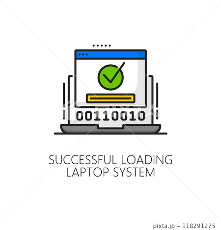 Laptop system software update successful loading line icon. PC application develop technology, software service update download outline vector sign with binary code on laptop screen and green mark 118291275