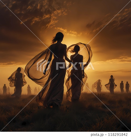 Silhouettes of women with flowing veils in a golden sunset. 118291842