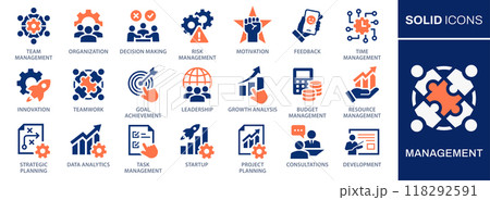 Management icon set. Collection of growth chart, teamwork, data analysis and more. Vector illustration. Easily changes to any color. 118292591