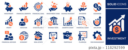 Investment icon set. Collection of economy, financial growth, profit and more. Vector illustration. Easily changes to any color. 118292599