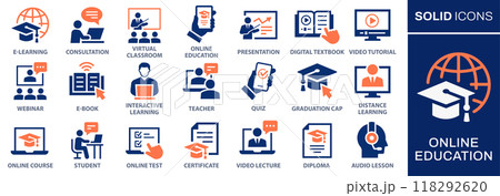 Online, education icon set. Collection of audio lesson, video tutorial, interactive learning and more. Vector illustration. Easily changes to any color. Online, education icon set. Collection of audio lesson, video tutorial, interactive learning and more. Vector illustration. Easily changes to any color. 118292620