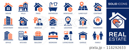 Real estate icon set. Collection of kitchen, bedroom, bathroom and more. Vector illustration. Easily changes to any color. Real estate icon set. Collection of kitchen, bedroom, bathroom and more. Vector illustration. Easily changes to any color. 118292633