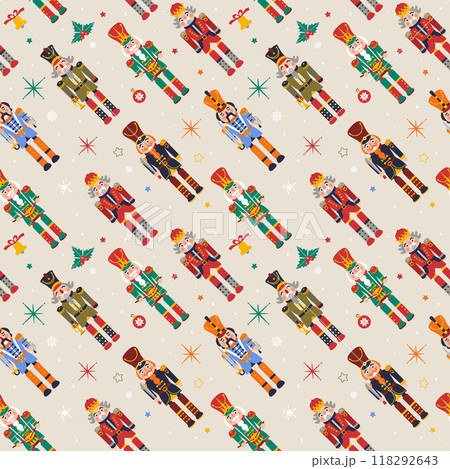 Seamless Christmas Pattern with Nutcrackers in Vector on beige. Seamless Christmas Pattern with Nutcrackers in Vector on beige. 118292643