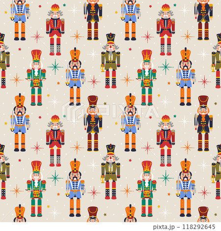 Seamless Christmas Pattern with Nutcrackers in Vector on beige. Seamless Christmas Pattern with Nutcrackers in Vector on beige. 118292645