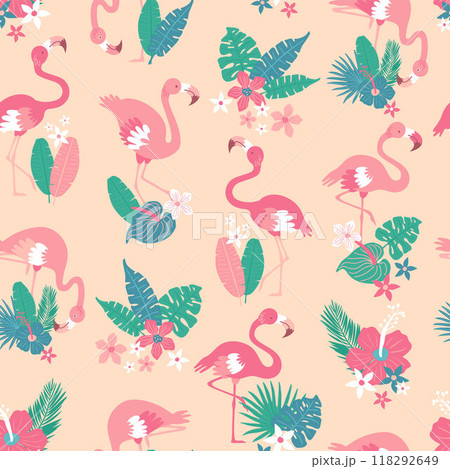 Pattern with pink flamingos and tropical leaves on pink background. Pink flamingo in flat style. Seamless pattern for textile, wrapping paper, background. Pattern with pink flamingos and tropical leaves on pink background. Pink flamingo in flat style. Seamless pattern for textile, wrapping paper, background. 118292649