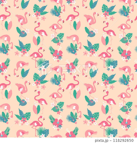 Pattern with pink flamingos and tropical leaves on pink background. Pink flamingo in flat style. Seamless pattern for textile, wrapping paper, background. Pattern with pink flamingos and tropical leaves on pink background. Pink flamingo in flat style. Seamless pattern for textile, wrapping paper, background. 118292650