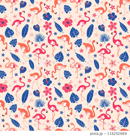 Pattern with pink flamingos and tropical leaves on pink background. Pink flamingo in flat style. Seamless pattern for textile, wrapping paper, background. 118292669