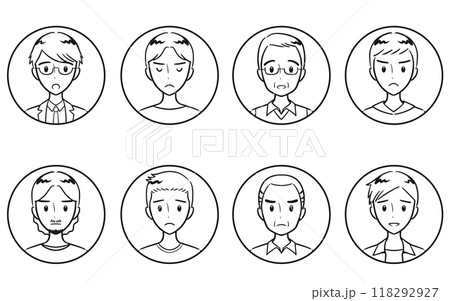 様々な年代の大人男性　ネガティブな表情　丸いアイコンセット　線画 118292927