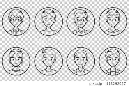 Adult men of various ages, negative facial expressions, round icon set, line drawing 118292927