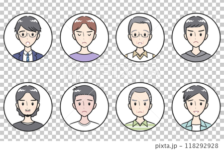 様々な年代の大人男性　ネガティブな表情　丸いアイコンセット　ホワイト 118292928