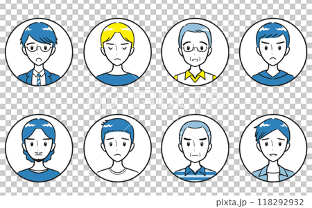 不同年齡的成年男性，負面的表達，圓形的圖標集，簡單 118292932