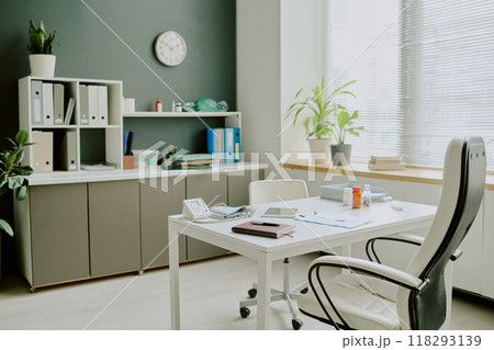 Office interior with minimalist decor featuring organized shelves, a desk with office supplies, potted plants, and large windows allowing natural light into workspace 118293139