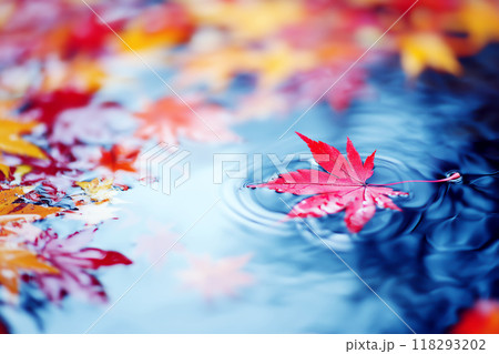 水面に浮かぶ彩り豊かな紅葉の葉 118293202