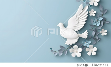 white dove flying on blue background for freedom concept ,international day of peace in paper cut style 118293454