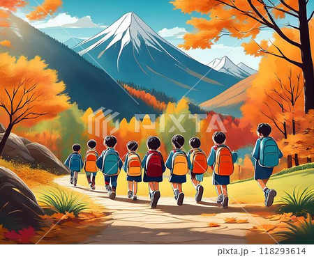 秋の山と紅葉の中を遠足する小学生 118293614