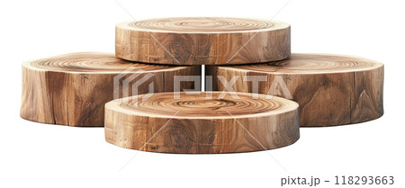 Natural wooden podiums group isolated on white background. Mock up for product display. Cut out pedestal or platform. Empty scene. Stage, showcase for advertising. Generative AI. 118293663