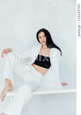 Beautiful Woman Brunette In White Business Suit Model Beautiful Woman Brunette In White Business Suit Model 118293705