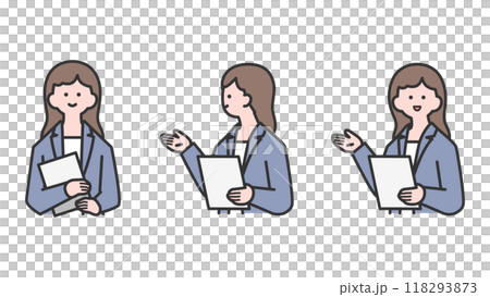 A woman holding documents and giving a presentation - variation A woman holding documents and giving a presentation - variation 118293873