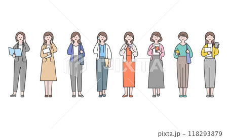 女性の全身アバターイラスト素材セット・ビジネスシーン・スマートフォン 女性の全身アバターイラスト素材セット・ビジネスシーン・スマートフォン 118293879