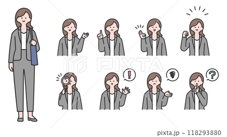 スーツ姿の若い女性 上半身・表情バリエーション 118293880