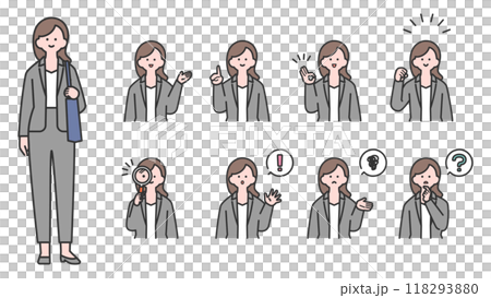 スーツ姿の若い女性 上半身・表情バリエーション 118293880