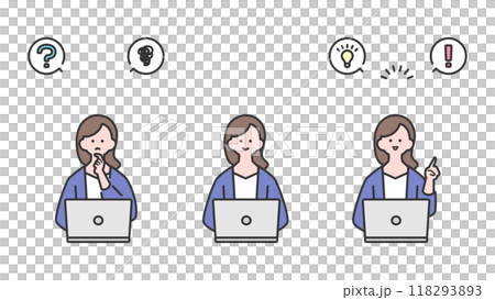 Variation of facial expressions of a woman facing a laptop 118293893