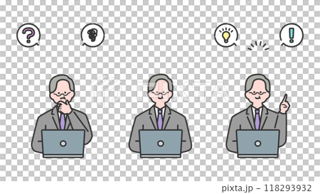 ノートパソコンに向かうスーツ姿のベテラン男性の表情バリエーション ノートパソコンに向かうスーツ姿のベテラン男性の表情バリエーション 118293932