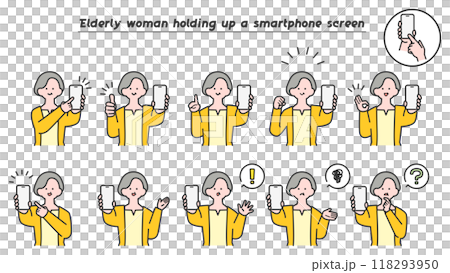 Variations of an elderly woman holding up a smartphone screen 118293950