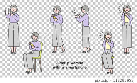 Elderly woman operating a smartphone - pose variations 118293955
