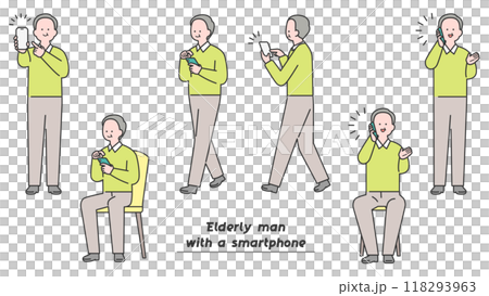 Pose variations of an elderly man operating a smartphone 118293963