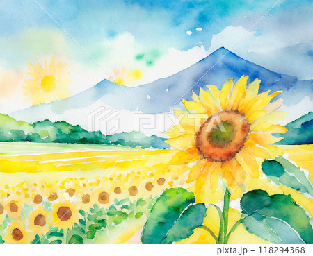 水彩画で描かれたひまわり畑 118294368